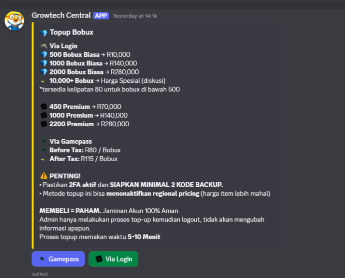Tampilan bot Top Up Robux